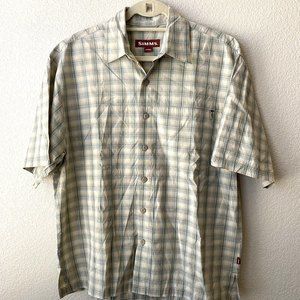 Simms Mens Fishing Outdoor Short Sleeve Button Front Plaid Green Cotton Shirt M